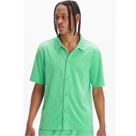 Fabletics The Island Green Terry Cloth Button-Front‎ Short Sleeve Shirt Sz S - Picture 1 of 9